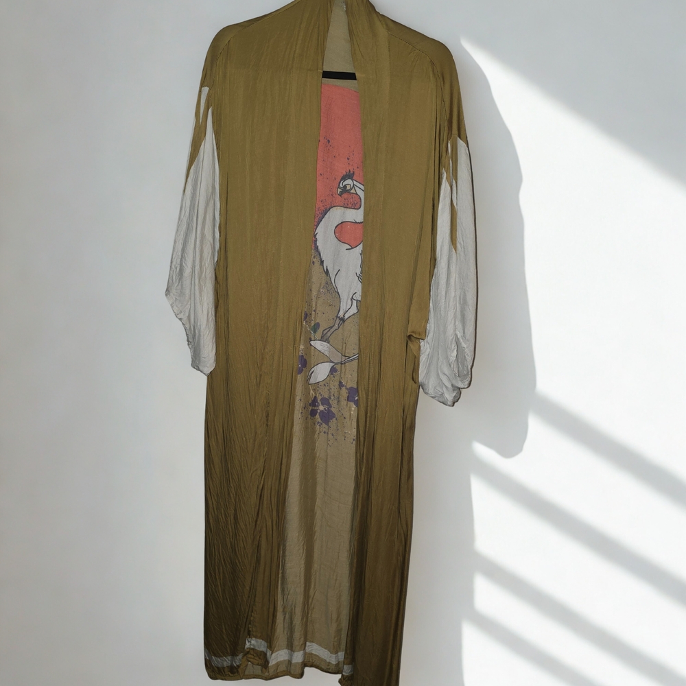 Free People Long Tan and White Kimono with Graphic Design